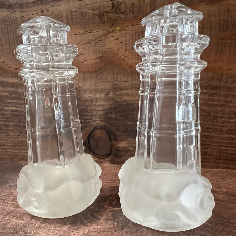 Lenox‎ Full Lead Crystal Lighthouse Salt and Pepper Shakers Frosted Base Germany